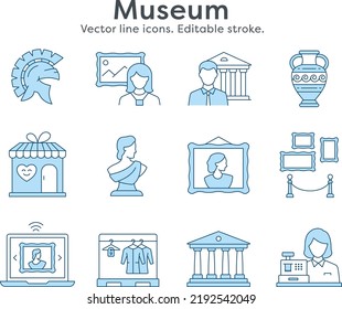 Museum icons such as sculpture, antiques, statue, exhibition and more. Vector illustration isolated on white. Editable stroke.