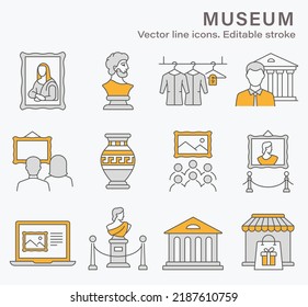 Museum icons, such as sculpture, gallery, exhibit, culture and more. Vector illustration isolated on white. Editable stroke.