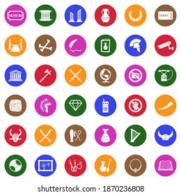 Museum Icons. White Flat Collection In Circle. Vector Illustration.