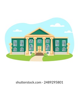 Museum illustration. Building, column, window, door, statue. Editable vector graphic design.