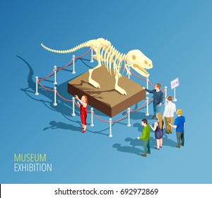 Museum infographic background with isometric composition of dinosaur skeleton and group of visitors to a museum vector illustration