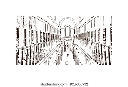 Museum inside of Philadelphia, City in Pennsylvania, USA. Hand drawn sketch illustration in vector.