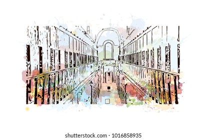 Museum inside of Philadelphia, City in Pennsylvania, USA. Watercolor splash with hand drawn sketch illustration in vector.