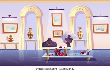 Museum installation, luxury items exhibition gold jewelry necklace and earrings with ruby gemstones on mannequin, female shoes, teapot and elegant vase, pictures in canvas, cartoon vector illustration