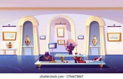 Museum installation, luxury items exhibition gold jewelry necklace and earrings with ruby gemstones on mannequin, female shoes, teapot and elegant vase, pictures in canvas, cartoon vector illustration