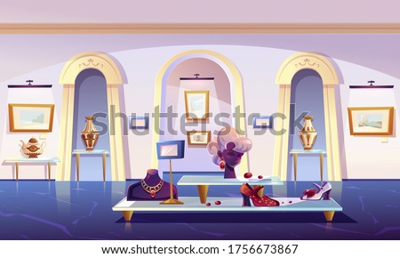 Museum installation, luxury items exhibition gold jewelry necklace and earrings with ruby gemstones on mannequin, female shoes, teapot and elegant vase, pictures in canvas, cartoon vector illustration