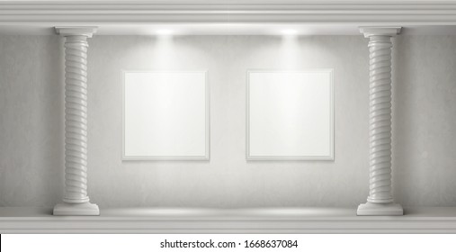 Museum interior in antique castle with blank paintings frames illuminated by spotlights. Vector realistic empty gallery room with white marble twisted columns