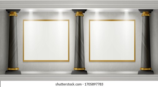 Museum interior in antique castle with blank paintings in golden frames illuminated by spotlights. Vector realistic empty gallery room with black marble columns