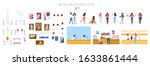 Museum interior, exhibition and visitor set. People in the museum. Modern artwork exhibit. Painting, sculpture, souvenir. Vector illustration in cartoon style