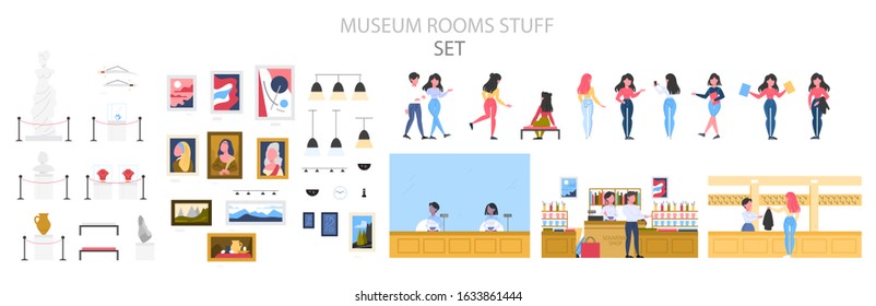 Museum interior, exhibition and visitor set. People in the museum. Modern artwork exhibit. Painting, sculpture, souvenir. Vector illustration in cartoon style