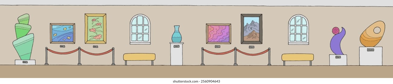 Museum interior graphic color long sketch illustration vector 