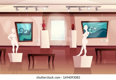 Museum  interior  with modern artworks on walls, sculptures, vases. Art gallery with exhibition. Cartoon vector illustration.