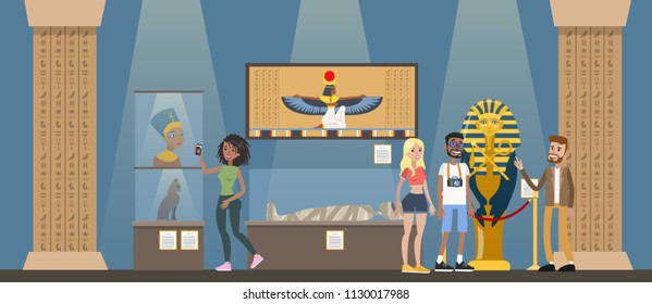 Museum Interior. People Looking At Famous Ancient Egyptian Exhibits. Collection Of Old Sculptures And Mummies. Idea Of History And Education. Isolated Vector Flat Illustration