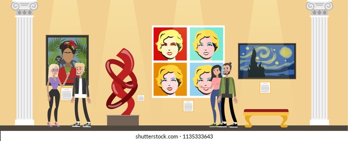 Museum interior. People looking at famous modern exhibits. Collection of sculptures and pop art paintings. Idea of history and education. Isolated vector flat illustration