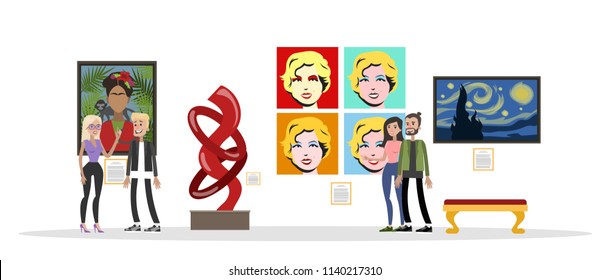 Museum interior. People looking at famous modern exhibits. Collection of sculptures and pop art paintings. Idea of history and education. Isolated vector flat illustration