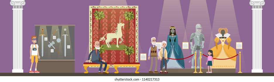 Museum Interior. People Looking At Famous Ancient Exhibits. Collection Of Clothing And Weapon. Idea Of History And Education. Isolated Vector Flat Illustration