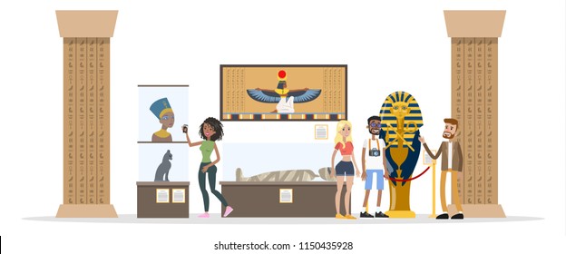 Museum Interior. People Looking At Famous Ancient Egyptian Exhibits. Collection Of Old Sculptures And Mummies. Idea Of History And Education. Isolated Vector Flat Illustration