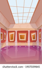 Museum interior with skylight, shiny floor, funky or abstract frames.