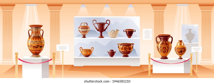 Museum interior. Vector ancient art illustration. Gallery exhibition. Old hall with antique pillar inside. Museum background with greek, roman clay crockery. Historical cartoon amphora, pot, jar, vase