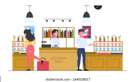 Museum interior, visitor buying souvenir. Museum shop. Modern artwork exhibit. Painting, sculpture, souvenir. Vector illustration in cartoon style