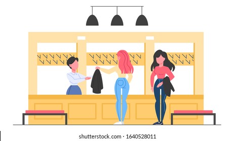 Museum interior, visitor in cloakroom. Museum cloakroom. Modern artwork exhibit. Painting, sculpture, souvenir. Vector illustration in cartoon style