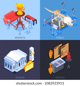 Museum isometric 2x2 design concept with compositions of museum collection images with specimen and text captions vector illustration