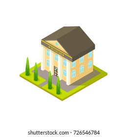 Museum isometric building decorated in classical style with greek pillars and signboard on top, vector illustration isolated on white