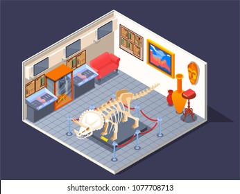 Museum isometric composition with room interior and dinosaur skeleton model with rare collections and antique showpieces vector illustration