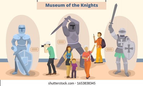 Ilustración vectorial del Museo de los Caballeros. Diferentes personas hombres, mujeres, niños visitantes a la exposición de museo de caballería medieval. Pasatiempo educativo familiar, turismo.