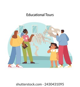 Museum learning expedition. Visitors on educational tour marvel at historical exhibits, enhancing learning through real-world exploration. Studying through excursions. Flat vector illustration