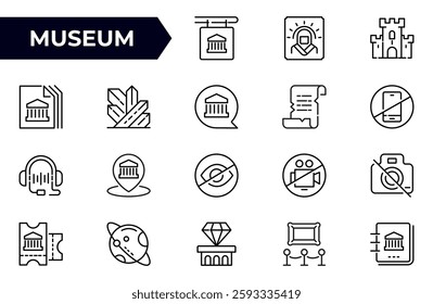 Museum line icons set. Art gallery, archaeological, historical exhibition, sculpture, ancient exhibits.Outline icon collection.Conceptual pictogram and infographic.