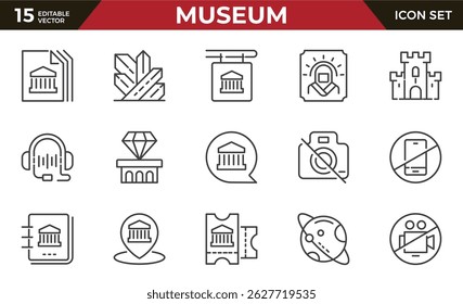 Conjunto de ícones da linha Museu. Galeria de arte, arqueológico, exposição histórica, escultura, exposições antigas.Contorno ícone coleção.Pictograma conceitual e infográfico.