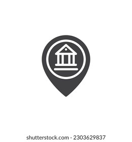 Icono del vector de ubicación del museo. Puntero de navegación con signo plano de construcción para concepto móvil y diseño web. Mapa el pin con el icono del glifo museo. Símbolo, ilustración del logotipo. Gráficos vectoriales