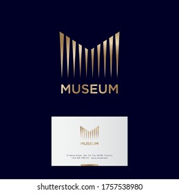 Museum logo. Gold M monogram. M letter consist of some linear elements like columns. Business card.