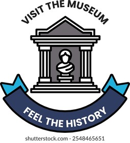 A museum logo with a statue of a man in front of a building