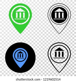 Museum map marker EPS vector icon with contour, black and colored versions. Illustration style is flat iconic symbol on chess transparent background.