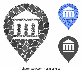 Museum marker mosaic of round dots in different sizes and color tones, based on museum marker icon. Vector dots are composed into blue mosaic. Dotted museum marker icon in usual and blue versions.