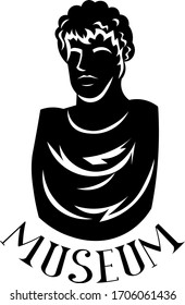 Museum. Minimalistic black and white logo. Statue and lettering. Sculpture, bust.
