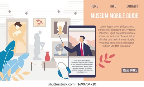 Museum Mobile Guide Application or Service Web Banner, Lading Page Template. Excursion Guide Telling, Pointing with Pointer on Museum Artworks from Smartphone Screen Trendy Flat Vector Illustration