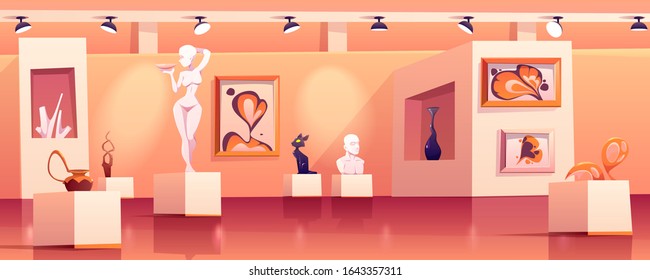 Museum with modern artworks. Art gallery interior with contemporary exhibition. Vector cartoon illustration of exposition with abstract paintings, sculptures, vase and statue