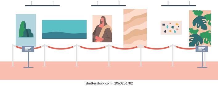 Museum with Modern Artworks. Art Gallery Empty Interior with Contemporary Exhibition Masterpieces Hang on Wall behind of Fencing. Exposition with Abstract Paintings. Cartoon Vector Illustration