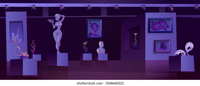 Museum with modern artworks at night. Art gallery interior with contemporary exhibition. Vector cartoon illustration of exposition with abstract paintings, sculptures, vase and statue in dark room