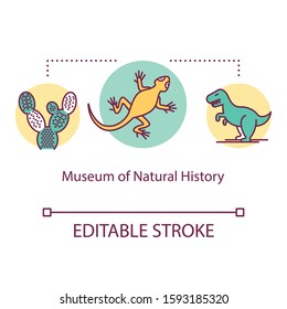 Museum of Natural History concept icon. Ancient jurassic creatures exposition. National naturhistorisk exhibition idea thin line illustration. Vector isolated outline drawing. Editable stroke