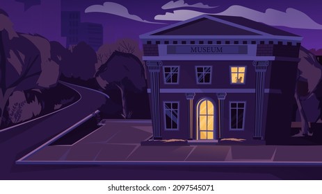 Museum at night exterior concept in flat cartoon design. Building of museum on evening street, light in entrance and window. Cityscape view with municipal institution. Vector illustration background