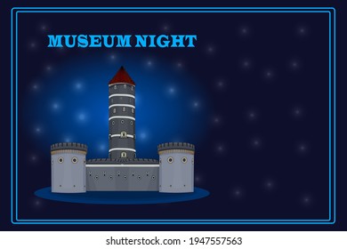 
Museum night.Ancient castle at starry sky background. Cultural event poster, flyer or banner template with copy space.Annual municipal cultural public event during the night.Stock vector illustration