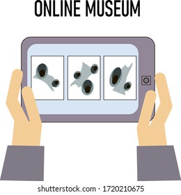  Museum online. Hand with phone with exibition app on screen.The exhibition is online. Vector illustration. Contemporary art gallery.