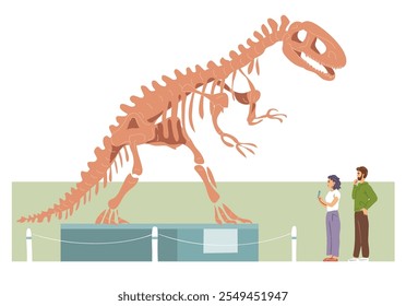 Museum of Paleontology. Allosaurus skeleton. People are guests, tourists. Large prehistoric predatory theropod lizard. Jurassic dinosaur bones. Flat vector illustration