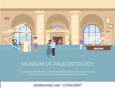 Museum of paleontology poster flat vector template. Fossils exposure. Gallery guide. Brochure, booklet one page concept design with cartoon characters. Archaeology exhibition flyer, leaflet