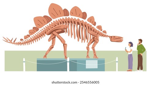 Museu de Paleontologia. Esqueleto de Stegosaurus. As pessoas são visitantes, turistas. Grande lagarto pré-histórico. Ossos de dinossauros jurássicos. Ilustração de vetor plano