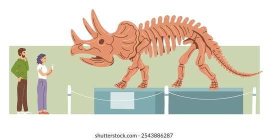 Museo de Paleontología. Esqueleto de Triceratops con cuernos. Las Personas son visitantes, turistas. Grande lagarto prehistórico. Huesos de dinosaurio jurásico. Ilustración vectorial plana